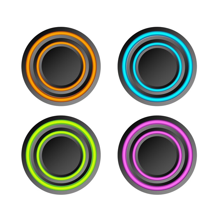 Vector gratuito colección de elementos web abstractos con botones redondos oscuros y anillos coloridos en blanco aislado