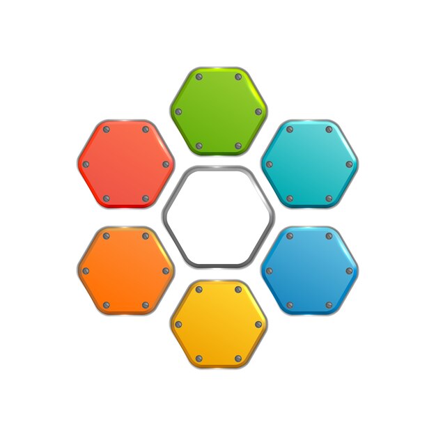 Colección de elementos web abstractos de negocios con coloridos botones hexagonales de metal en blanco aislado