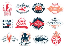 Vector gratuito colección de emblemas creativos de mariscos