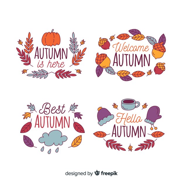 Colección de emblemas de otoño dibujadas a mano