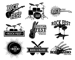 Vector gratuito colección de emblemas retro de música rock. ilustraciones monocromáticas aisladas de guitarra y batería, festival de rock y texto de radio. para anuncios de conciertos, plantillas de carteles de bandas de blues