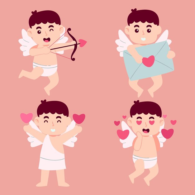 Colección de encantadores angelitos de cupido o dios eros Lindos niños de Grecia con arco corazón cazadores románticos en el concepto de día de San Valentín personajes de dibujos animados diseño plano vector ilustración