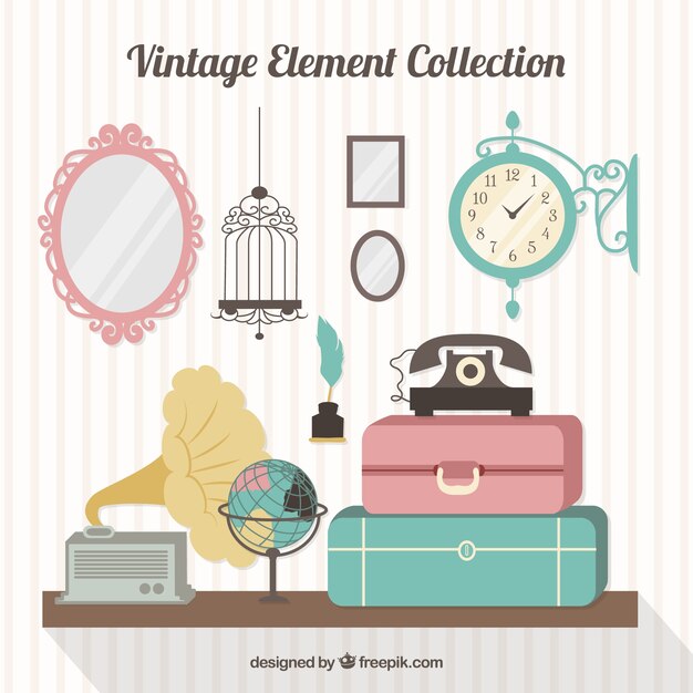 Colección de equipaje y elementos antiguos en diseño plano 