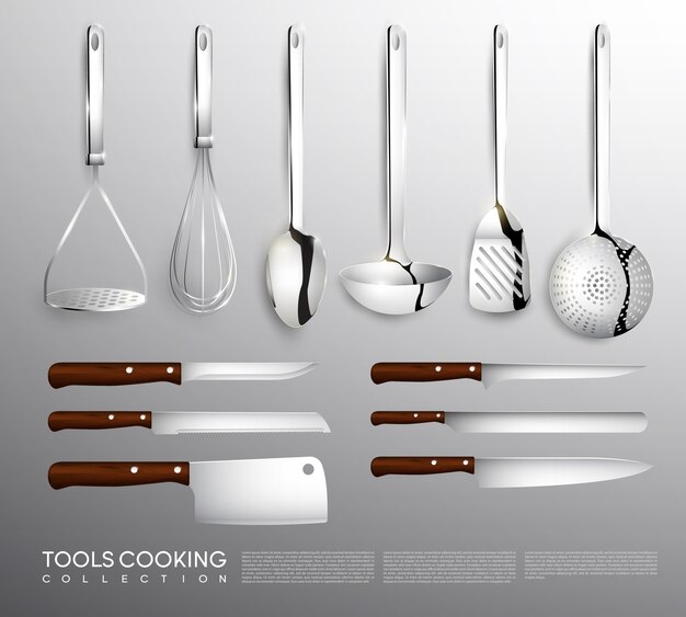 Colección de equipamiento de cocina realista con utensilios de cocina.