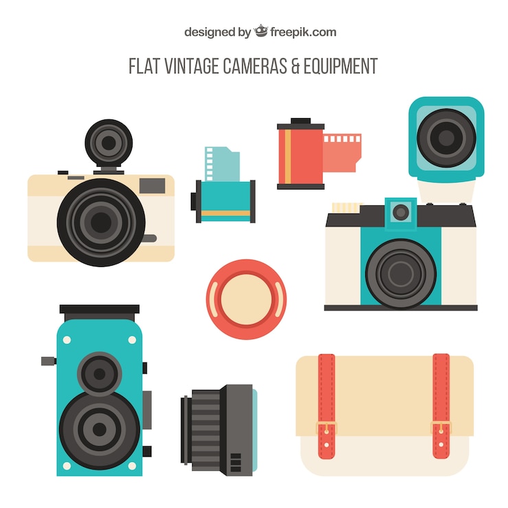Vector gratuito colección de equipamiento retro de foto en diseño plano