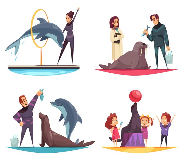 Colección de escenas del delfinario con animales