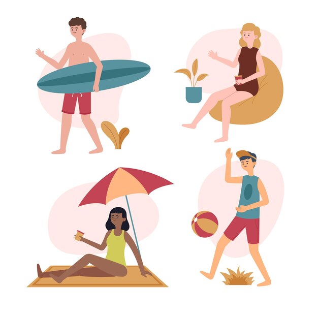 Colección de escenas de verano con personas.