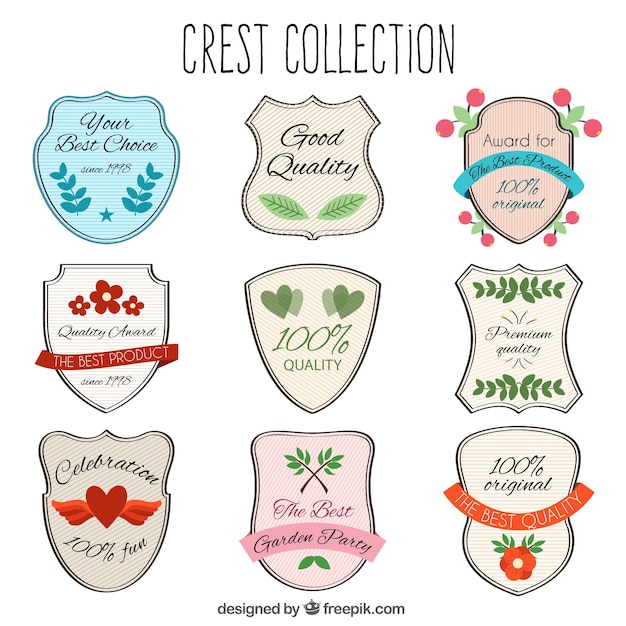 Vector gratuito colección de escudos emblemáticos con decoración floral