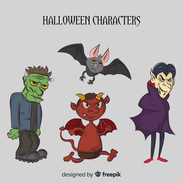 Colección espeluznante de personajes de halloween dibujados a mano