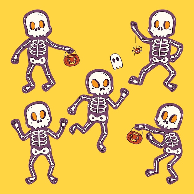 Colección de esqueletos de halloween dibujados a mano