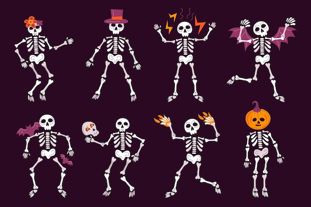 Colección de esqueletos de halloween planos dibujados a mano