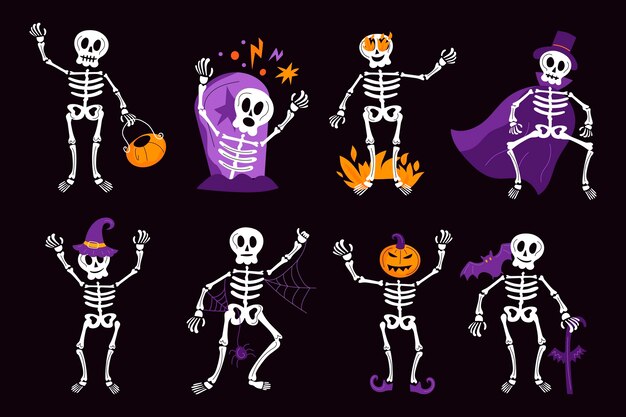 Colección de esqueletos de halloween planos dibujados a mano