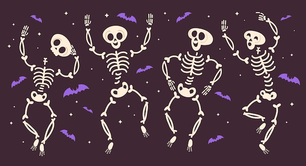 Colección de esqueletos de halloween planos dibujados a mano