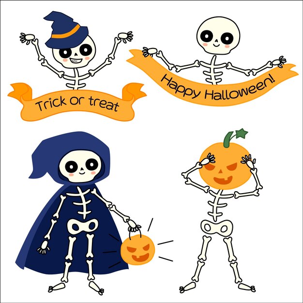Colección de esqueletos de halloween planos dibujados a mano