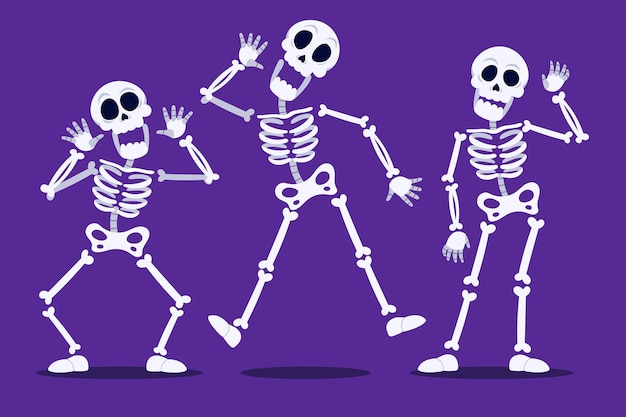 Colección de esqueletos de halloween planos dibujados a mano