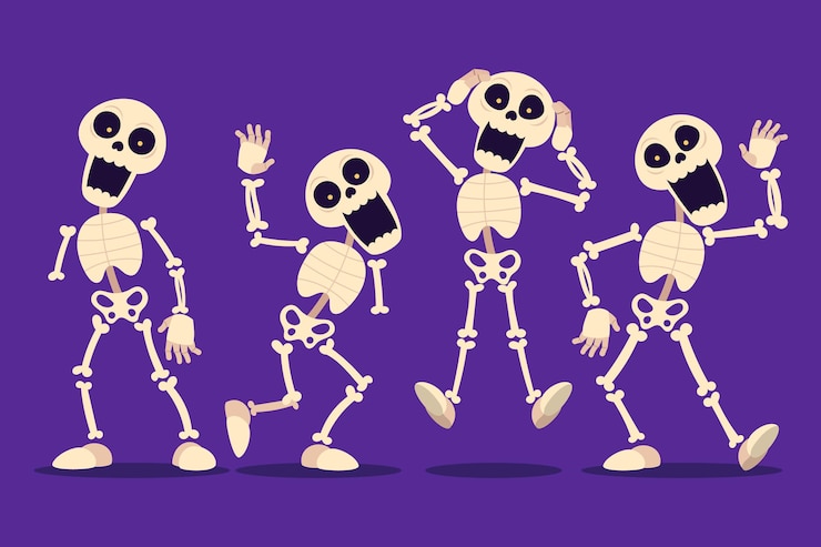 Vector gratuito colección de esqueletos de halloween planos dibujados a mano