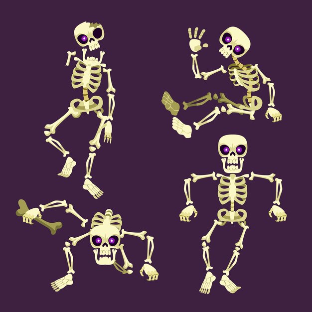 Colección de esqueletos de halloween planos dibujados a mano