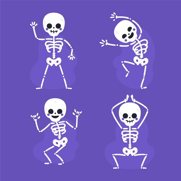 Colección de esqueletos de halloween planos dibujados a mano