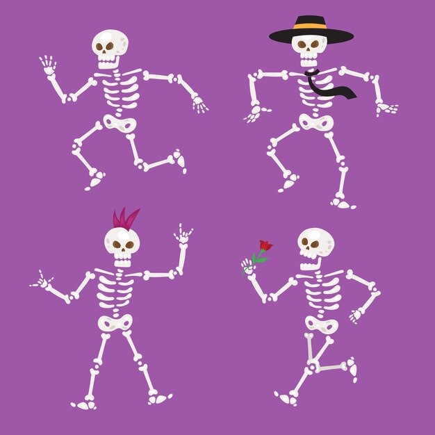 Colección de esqueletos de halloween planos dibujados a mano