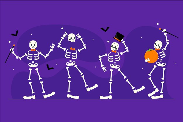 Colección de esqueletos de halloween planos dibujados a mano
