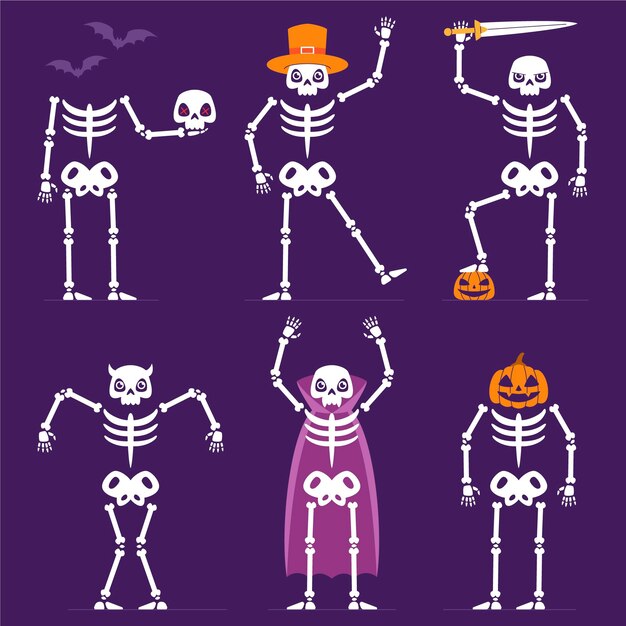 Colección de esqueletos de halloween planos dibujados a mano