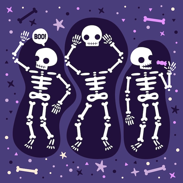 Vector gratuito colección de esqueletos de halloween planos dibujados a mano