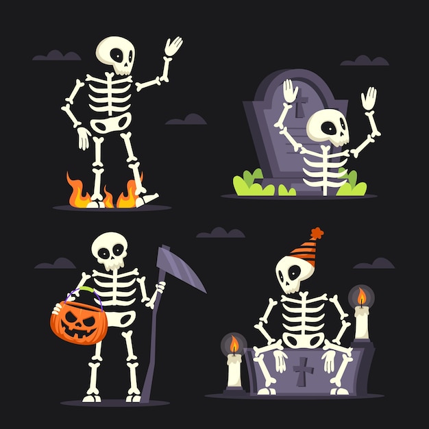Vector gratuito colección de esqueletos de halloween planos dibujados a mano