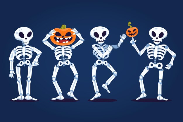 Colección de esqueletos de halloween planos dibujados a mano