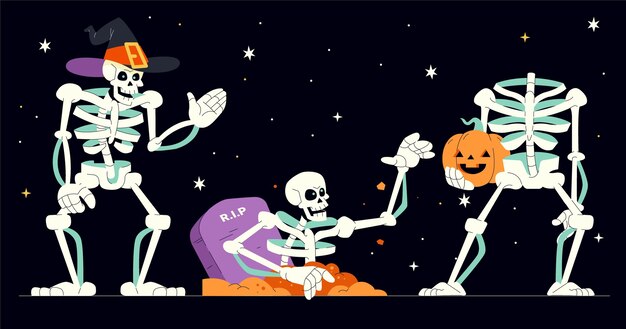 Colección de esqueletos de halloween planos dibujados a mano