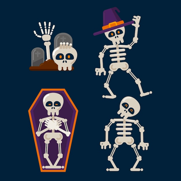 Colección de esqueletos de halloween planos