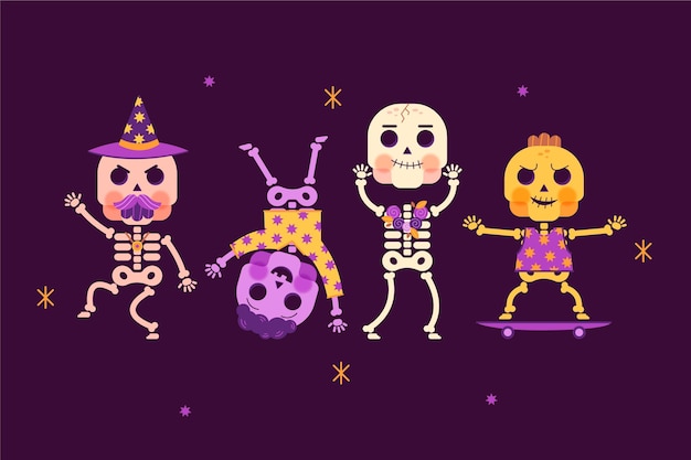 Colección de esqueletos de halloween planos