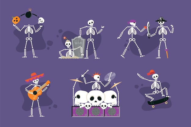 Vector gratuito colección de esqueletos de halloween planos