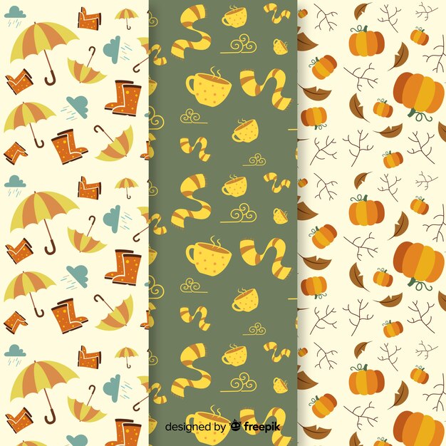 Colección de estampados de otoño con hojas en diseño plano
