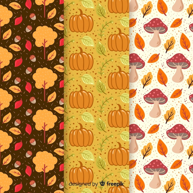 Colección de estampados de otoño con hojas en diseño plano