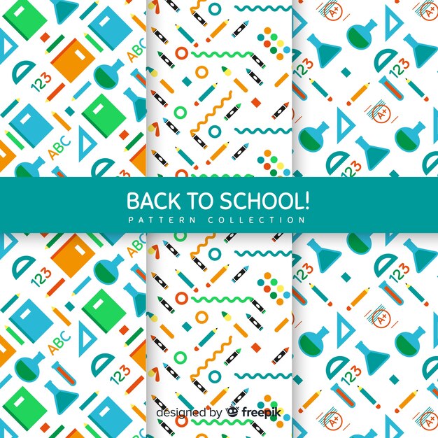 Colección de estampados de la vuelta al cole en diseño plano