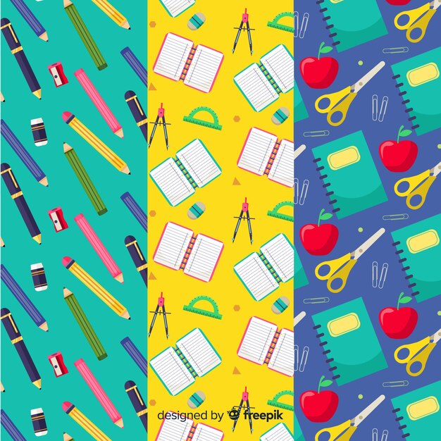 Colección de estampados de la vuelta al cole en diseño plano