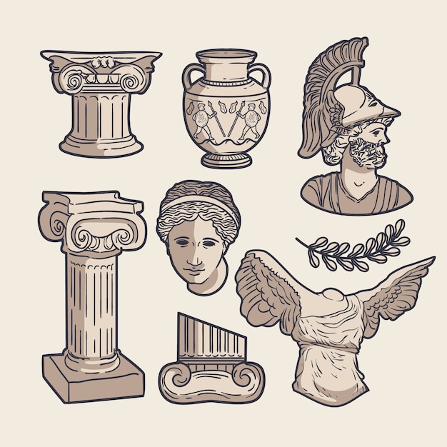 Vector gratuito colección de estatuas griegas dibujadas a mano