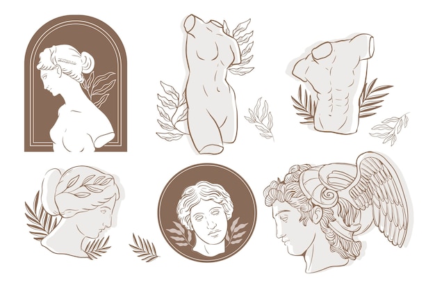 Colección de estatuas griegas dibujadas a mano