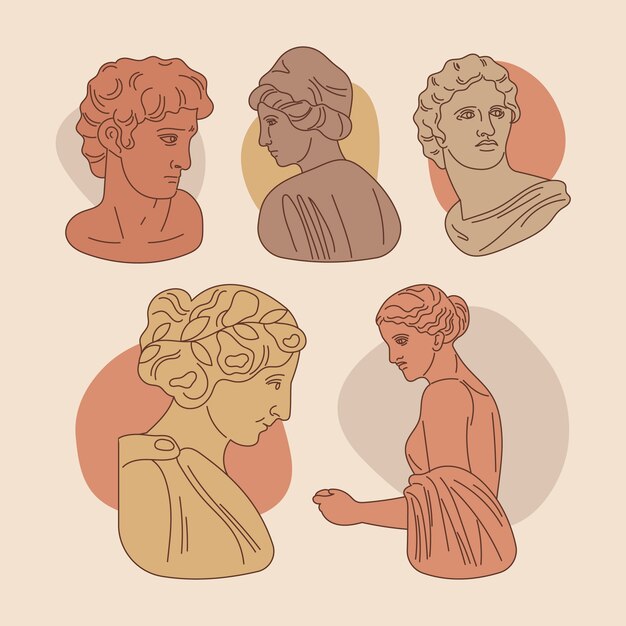 Colección de estatuas griegas de diseño plano dibujadas a mano