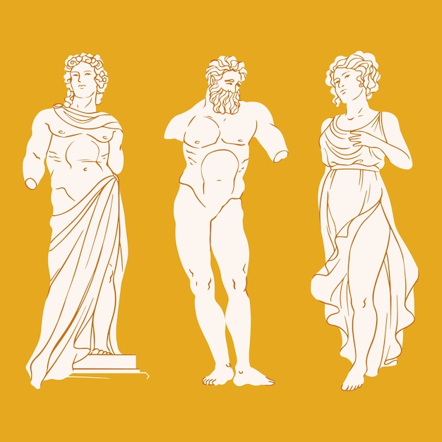 Colección de estatuas griegas de diseño plano dibujadas a mano