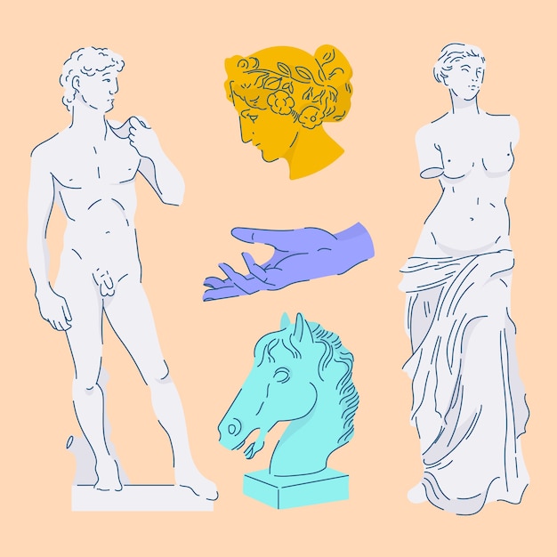 Colección de estatuas griegas de diseño plano dibujadas a mano