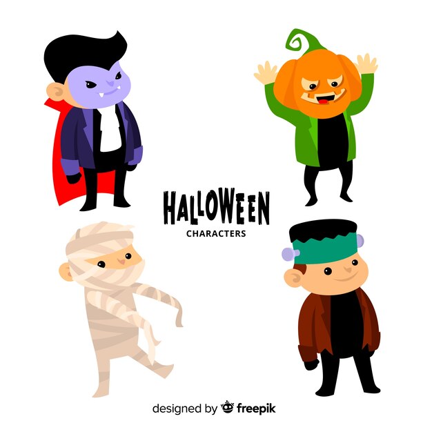 Vector gratuito colección de estilo flat de caracteres de niños de halloween