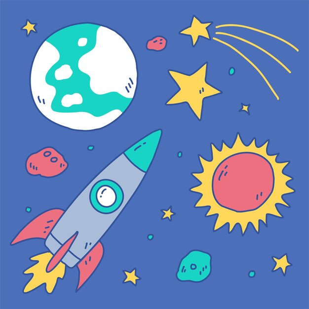 Colección de estrellas de satélites de planetas de la Tierra espacial y cohetes en estilo de dibujos animados en la ilustración de vector de fondo azul