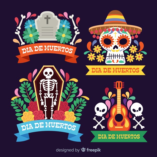 Colección de etiqueta dia de muertos en diseño plano