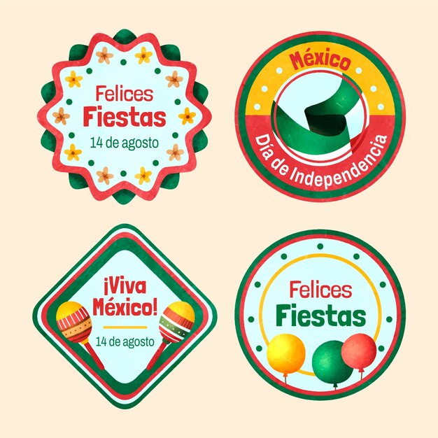 Colección de etiquetas de acuarela para la celebración de la independencia de méxico