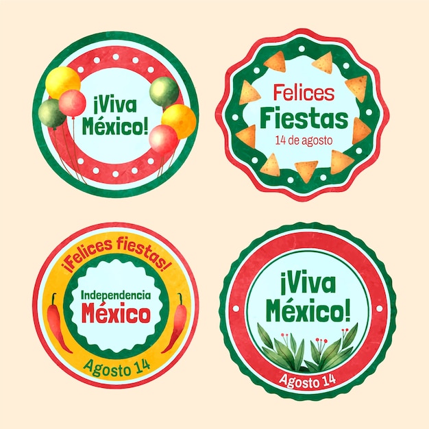 Colección de etiquetas de acuarela para la celebración de la independencia de méxico
