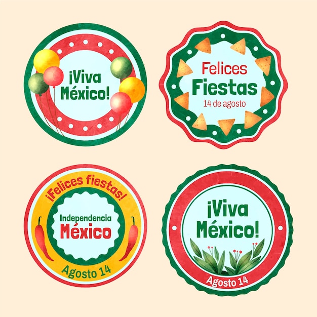 Vector gratuito colección de etiquetas de acuarela para la celebración de la independencia de méxico