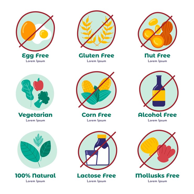 Vector gratuito colección de etiquetas de alergia alimentaria en diseño plano