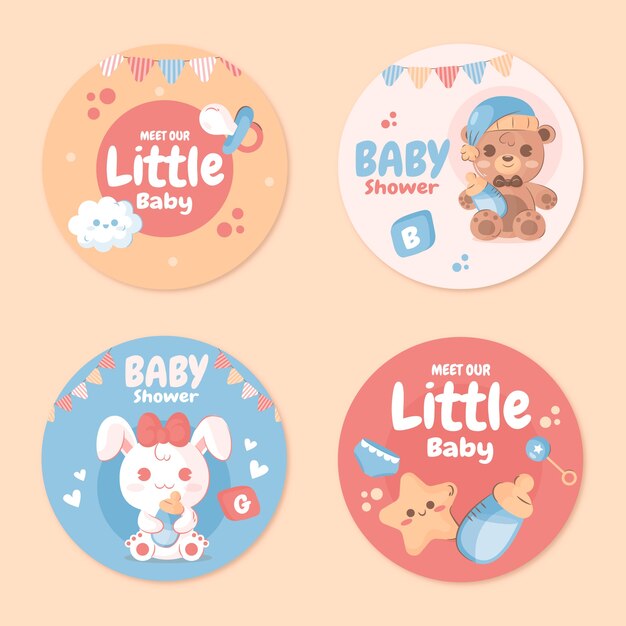 Colección de etiquetas de baby shower dibujadas a mano