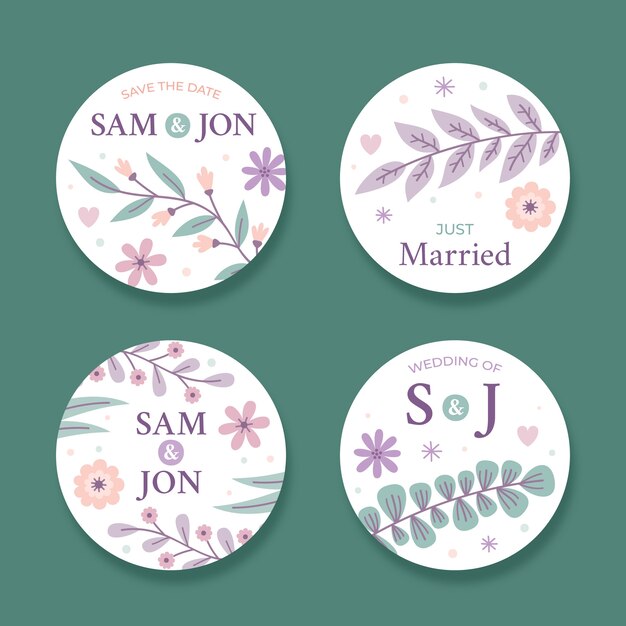 Colección de etiquetas de boda planas con hojas
